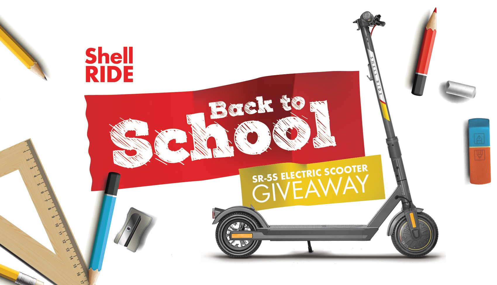 sr-5s electric scooter surrounded by school supplies and a back to school electric scooter giveaway message