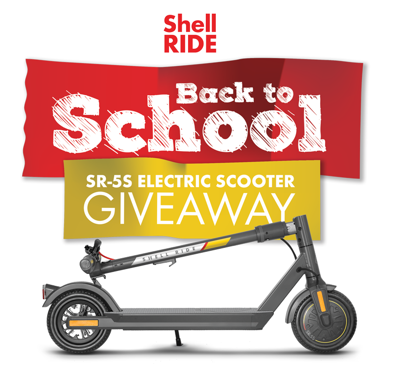 folded Shell Ride electric scooter and a back to school electric scooter giveaway message