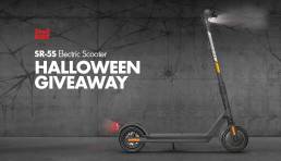 shell ride sr-5s electric scooter in front of a spooky background and a Halloween electric scooter giveaway message